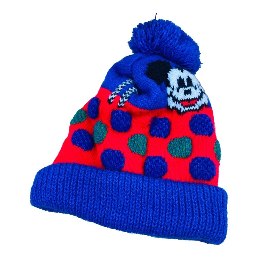 Vintage Garon Mickey Mouse Walt Disney Youth Beanie Cap Hat Pom Pom USA Blue Red - Picture 11 of 11